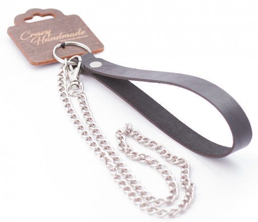 Серебристый металлический поводок с кожаной черной ручкой - 80 см. - Crazy Handmade - купить с доставкой в Черкесске