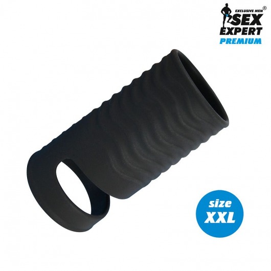 Черная открытая насадка на пенис с кольцом для мошонки XXL-size - 9,4 см. - Sex Expert - в Черкесске купить с доставкой