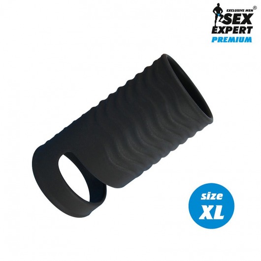 Черная открытая насадка на пенис с кольцом для мошонки XL-size - 8,9 см. - Sex Expert - в Черкесске купить с доставкой