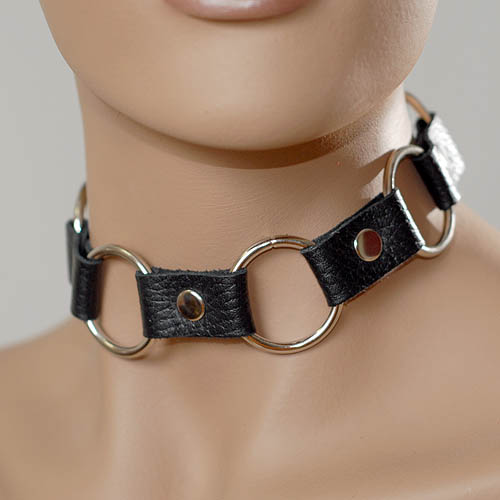 Кожаный черный ошейник с кольцами - Sitabella - купить с доставкой в Черкесске