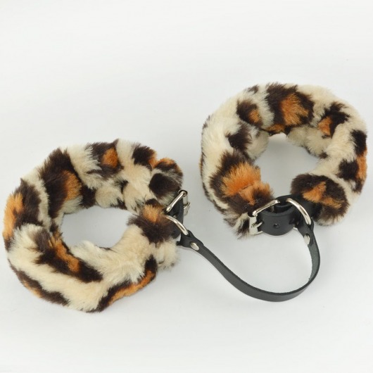 Черные кожаные оковы со съемной леопардовой опушкой - Sitabella - купить с доставкой в Черкесске