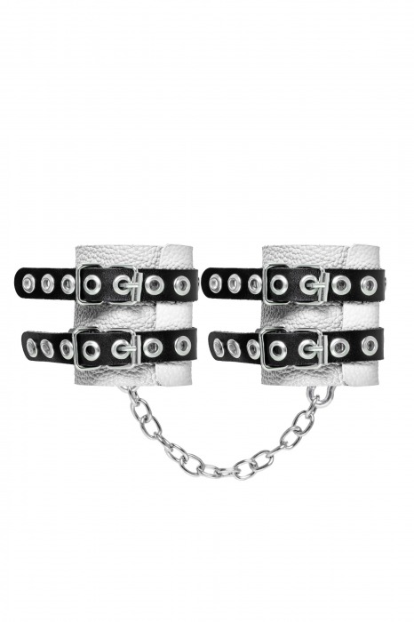 Бело-черные наручники с двумя ремешками и люверсами - Pecado - купить с доставкой в Черкесске