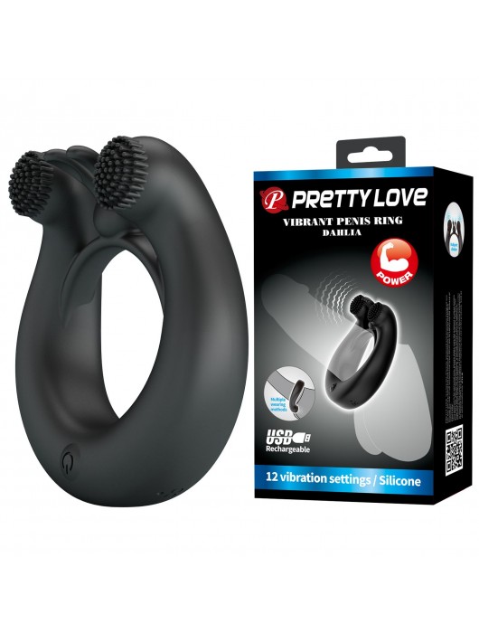 Черное эрекционное кольцо Dahlia с 2 стимулирующими щеточками - Baile - в Черкесске купить с доставкой