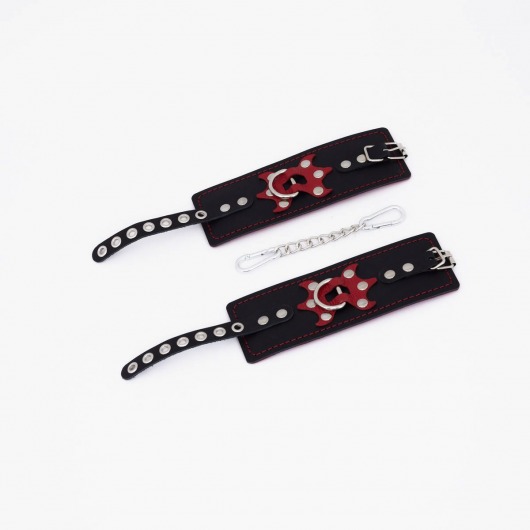 Черные кожаные наручники с красным декором и строчкой - Crazy Handmade - купить с доставкой в Черкесске