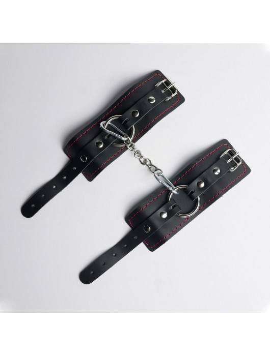 Черные кожаные наручники с красной строчкой - Crazy Handmade - купить с доставкой в Черкесске