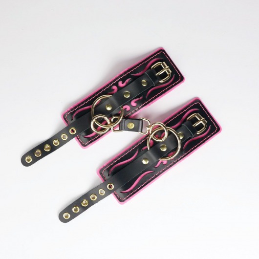 Черные кожаные наручники с розовой строчкой - Crazy Handmade - купить с доставкой в Черкесске
