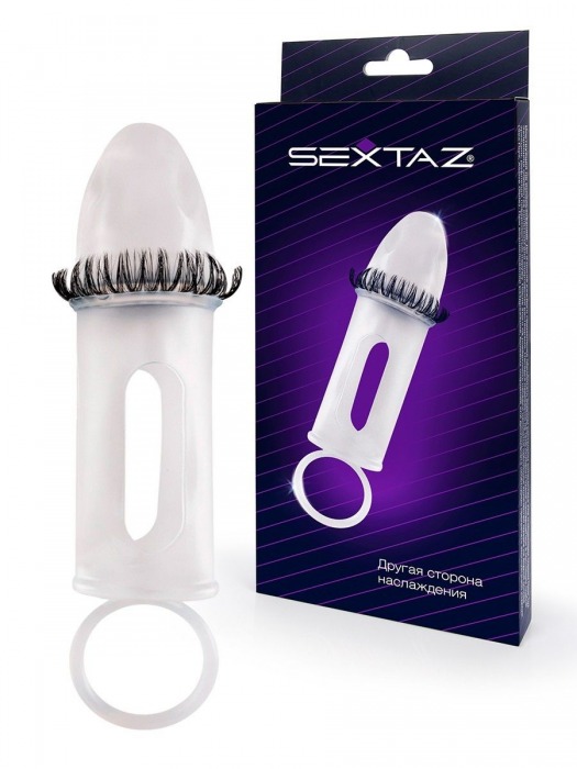 Закрытая насадка на пенис с подхватом мошонки и стимулирующими «ресничками» - Sextaz - в Черкесске купить с доставкой