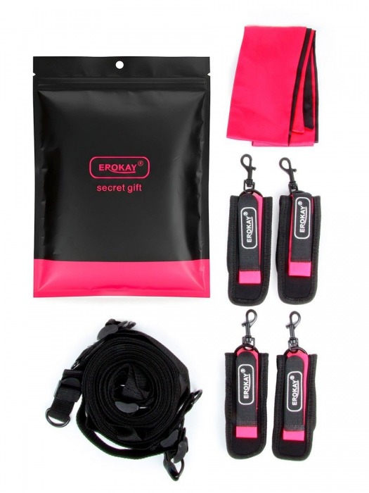 Черно-розовый эротический набор: фиксатор, оковы, наручники, повязка - Erokay - купить с доставкой в Черкесске