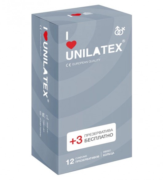 Презервативы с рёбрами Unilatex Ribbed - 12 шт. + 3 шт. в подарок - Unilatex - купить с доставкой в Черкесске